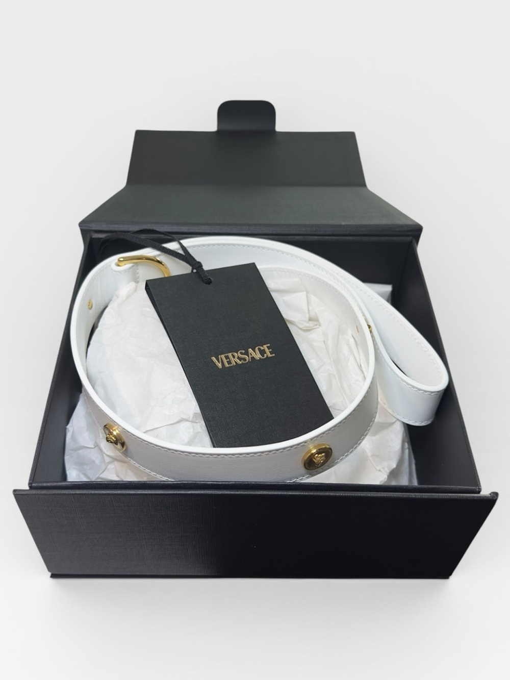 NWT VERSACE ICON Pet Collar White Leather w/ Gold 24in Length WITH BOX